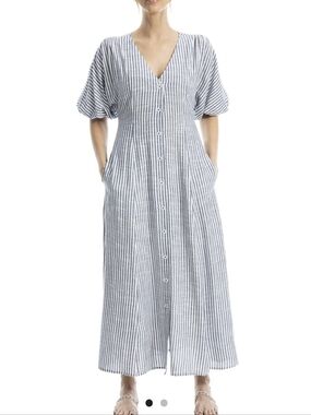 Max Studio Striped Button-Front Midi Cottagecore Dress Puff Sleeves Pockets M